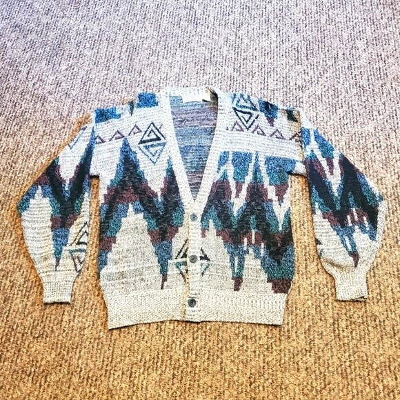 VTG Cardigan Chunky Knit Geometric Southwest Sacred Scorpionic Waters Method - Picture 1 of 11